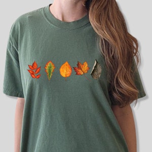 Komfortfärger höstlöv t-shirt, höstlöv t-shirt, naturälskare gåva, campingtröja vandringströja rustik natur rund hals vandringströja Sage