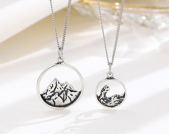 925 Sterling Silver Mountain And Sea Pendant Couple Matching Necklace | Retro Style Necklace | Minimalist Necklace | Birthday Gift For Her