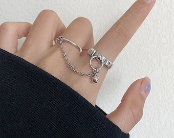 925 Sterling Silver Filled Chain Ring Set (2 Rings) | Minimalist Ring | Dainty Chain Ring | Boho Ring | Adjustable Ring | Open Size Ring