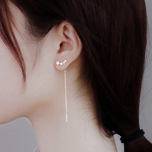 925 Sterling Silver Star Long Chain Threader Earrings | Pull Through Earrings | Minimalist Silver Celestial Threaders | Gift For Her