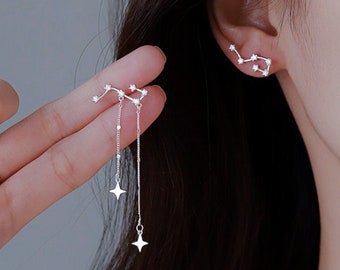 Sterling Silver Asymmetric Star Stud Earrings | Mismatched Constellation Celestial Long Studs | Minimalist | Birthday Gift For Her