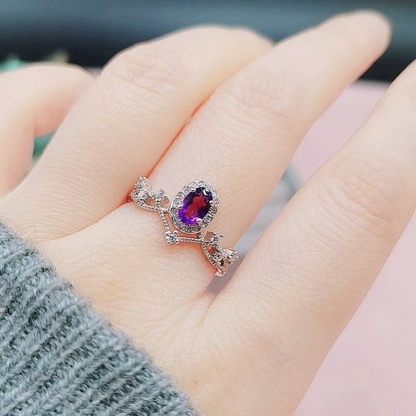 Natural Amethyst Quartz Crown Ring | 925 Sterling Silver | 5*3MM | Handcraft | Purple Stone | Cute Dainty | Adjustable | Gift For Her