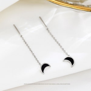 925 Sterling Silver Celestial Long Chain Threader Earrings | Dainty Star/Moon/Heart/Round Pull Through Stud | Minimalist | Gift For Her