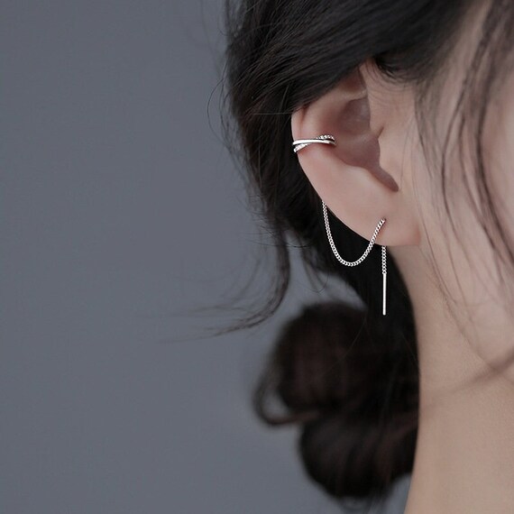 925 Sterling Silver Long Chain Threader and Cuff Earrings Ear Cuff