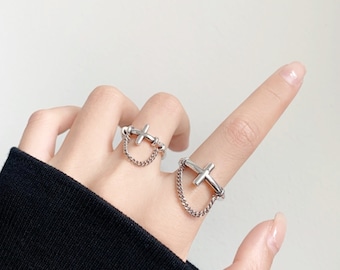 Gevulde kruisring 925 sterlingzilver | Fijne kettingring | Boho funky hippiering | Verstelbare ring | Open maat | Bijpassende ring voor koppels