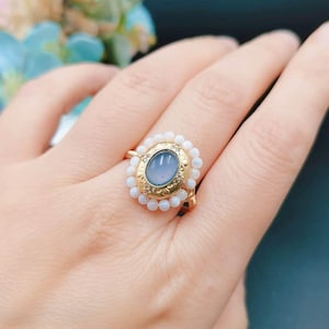 Natural Stone Aquamarine Freshwater Shell Ring | Genuine Shell | Aquamarine | 18K Gold Plated | Handcraft | Adjustable Size