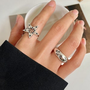 925 Sterling Silver Filled Star Punk Style Adjustable Ring | Boho Hippie | Open Size | Unisex | Retro Vintage Style | Birthday Gift For Her