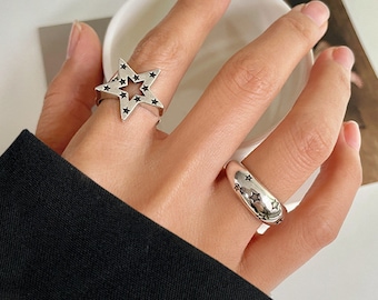 925 Sterling Silver Filled Star Punk Style Adjustable Ring | Boho Hippie | Open Size | Unisex | Retro Vintage Style | Birthday Gift For Her