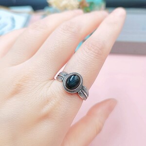 Natural Hypersthene Stone Ring | 925 Sterling Silver | 8*6MM | Retro Style Feather Pattern | Handcraft | Black Stone | Adjustable | Gift
