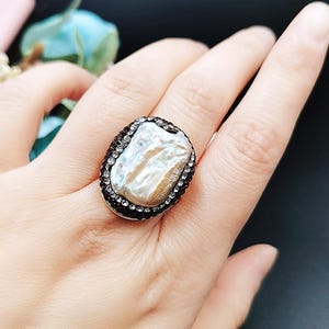 Riesige natürliche Süßwasser Barockperle Ring | 18KGP | Natursteine | Verstellbare Größe | Statement Cocktail Ring | Geschenk für sie
