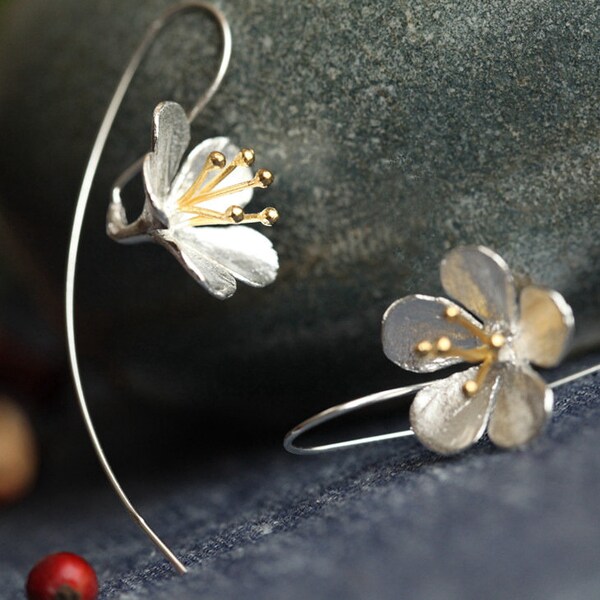 Sterling Silver Blossom Flower Charm Hoop Earrings | Pull Through Dangles | Dainty Floral Earrings | Minimalist Simple | Gift For Her