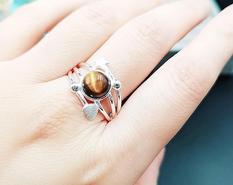 Natuurlijke sterrenhemel ring tijgeroog | 925 sterlingzilver | 8 MM | Handwerk | Bruingele ruwe stenen ring | Verstelbare maat | Cadeau