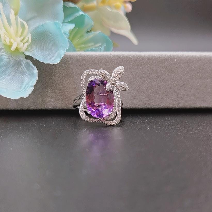Amethyst Quartz Butterfly Ring | Natural Real Gem Stone | 925 Sterling Silver | 14*10MM | Purple Gem Adjustable Ring | Gift For Her
