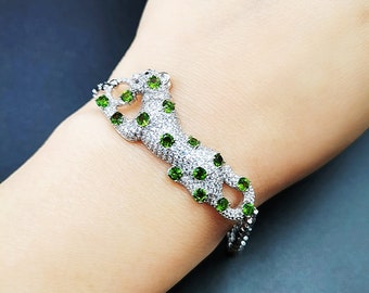 925 Sterling Silver Diopside Cheetah Bracelet | Panther Leopard | 5.5-7.5in | Handcraft | Green Gemstone Bracelet | Anniversary Gift For Her