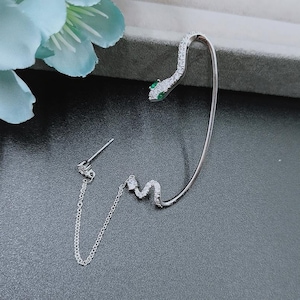 Snake Long Chain Stud and Cuff Earring (Single) | Ear Cuff | Ear Wrap | Dainty Minimalist | Cool Animal Earring | Gift For Her