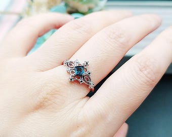 Natural London Blue Topaz Snowflake Ring | Silver Plated | Dainty Real Gemstone Ring | Adjustable | Dark Blue Gem | Gift For Her