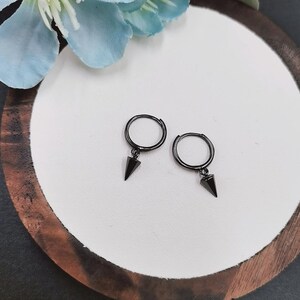 925 Sterling Silver Cone Dangle Black Hoop Earrings | Minimalist Earrings | Unisex Men's | Huggies | Cool Funky Hoops