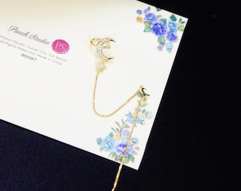 Moon Star Long Chain Stud Threader and Cuff Earring (Single) | Ear Cuff | Ear Threader | Dainty Celestial Earring | Birthday Gift For Her