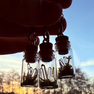 May include: Three small glass vials with cork stoppers, each suspended by a metal loop. The vials contain crystals and moss. The background shows a sunset with a blue sky.