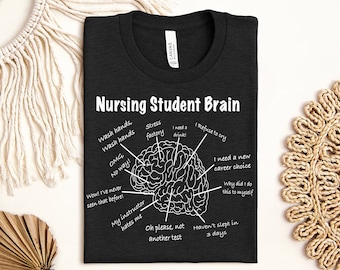 Puede incluir: Una camiseta negra con un gráfico blanco de un cerebro con texto alrededor que dice "Nursing Student Brain". El texto alrededor del cerebro incluye frases como "Wash hands", "Stress factory", "I need a drink", "I refuse to cry", "OMG", "No way", "Wow! I've never seen that before", "My instructor hates me", "Oh please, not another test", "I need a new career choice", "Why did I do this to myself", and "Haven't slept in 3 days".