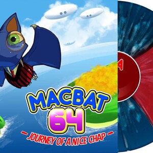 May include: Album cover art for "Macbat 64" featuring a cartoon bat wearing a monocle, flying over a landscape with the text "Macbat 64 Journey of a Nice Chap." The vinyl record is red, blue, and white.
