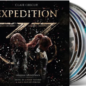 May include: Clair Obscur Expedition soundtrack CD. The album cover features the title in gold lettering with a dark background and two figures. The CD case is partially visible, showing the edges of the discs.
