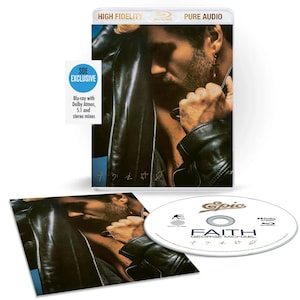 May include: A Blu-ray disc of George Michael's album "Faith" with the text "SDE Exclusive" and "Blu-ray with Dolby Atmos, 5.1 and stereo mixes". The album cover features a close-up of a person in a black leather jacket.