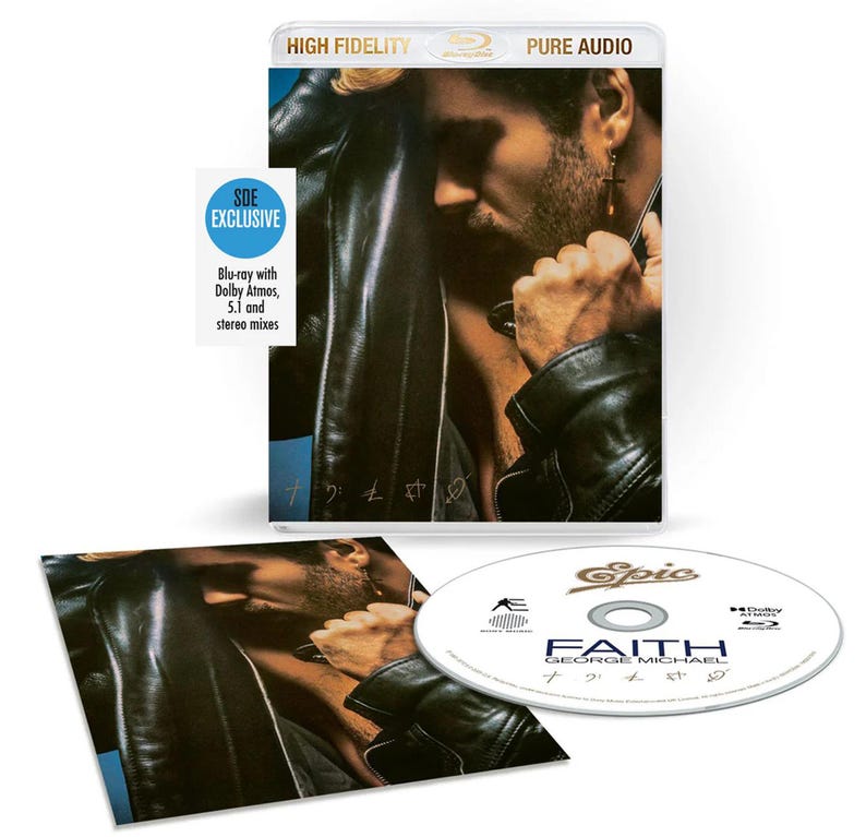 May include: A Blu-ray disc of George Michael's album "Faith" with the text "SDE Exclusive" and "Blu-ray with Dolby Atmos, 5.1 and stereo mixes". The album cover features a close-up of a person in a black leather jacket.