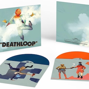 Puede incluir: Un set de dos discos de vinilo con la banda sonora del videojuego "Deathloop". La portada delantera presenta a una mujer con un traje blanco saltando en el aire sobre un fondo nublado azul y blanco. La portada trasera presenta un fondo nublado azul y blanco. Los dos discos son azul y naranja.