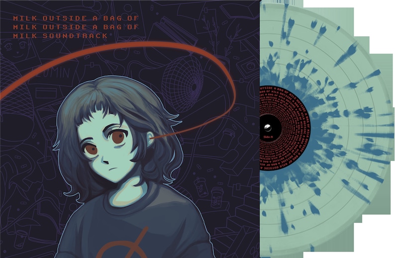 May include: Album cover art for the "Milk Outside a Bag of Milk Outside a Bag of Milk Soundtrack" vinyl record. The artwork features a teal and blue splatter vinyl record and a stylized illustration of a person with dark hair and a dark blue shirt.