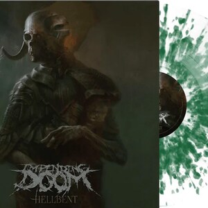 May include: A vinyl record with a green and white splatter design. The album cover features a dark, detailed illustration of a skeletal figure. The band name "Impending Doom" and album title "Hellbent" are displayed in a stylized font.