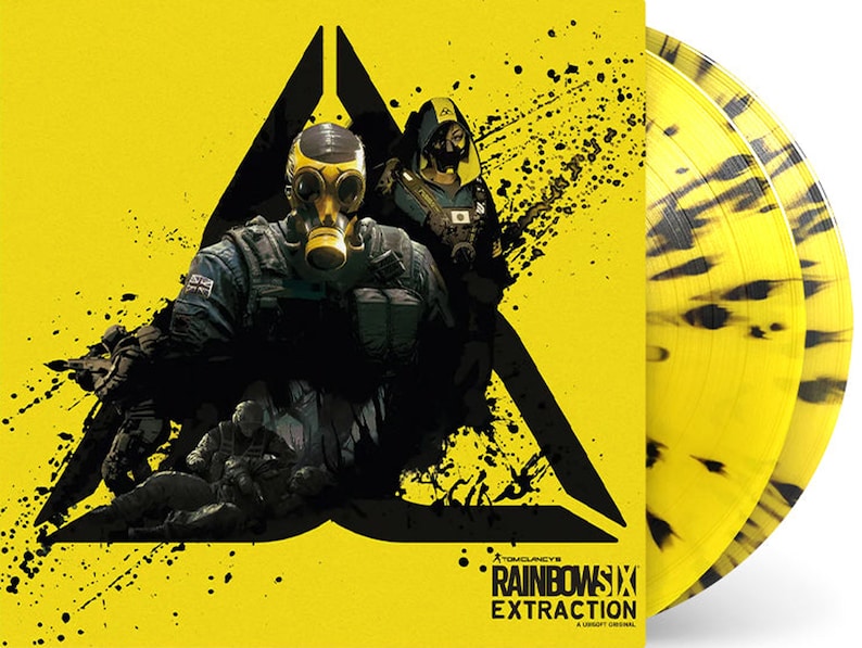May include: A yellow and black vinyl record set featuring the artwork for the video game "Tom Clancy's Rainbow Six Extraction". The artwork features a soldier wearing a gas mask and a black triangle with a yellow outline.