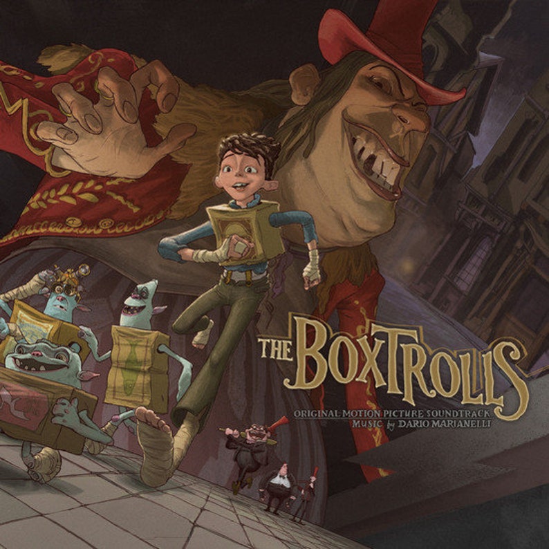May include: A movie poster for the animated film "The Boxtrolls". The poster features a large, menacing, red-hatted character with a wide grin, standing over a group of small, box-like creatures. The poster also features a young boy running away from the large character.