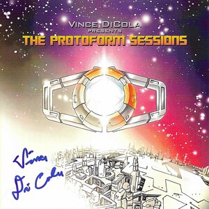 May include: Album cover for "The Protoform Sessions" by Vince DiCola. The design features a futuristic, geometric shape with orange and silver accents, set against a cosmic background of purple, pink, and white. The artist's signature is visible.