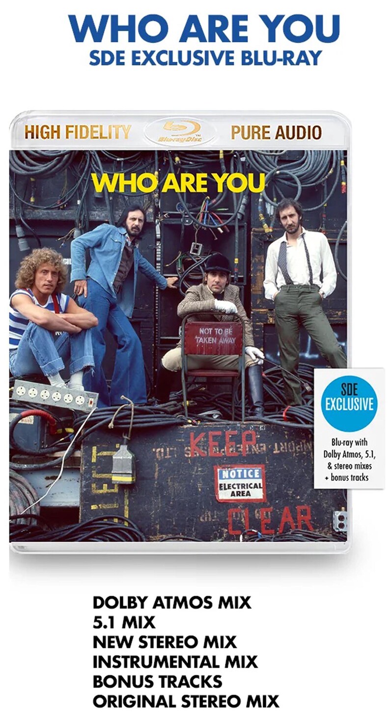 May include: Blu-ray disc of "Who Are You" by The Who. The cover features the band members in a vintage photo. The disc includes Dolby Atmos, 5.1, and stereo mixes, plus bonus tracks. The text "Who Are You" is prominently displayed.