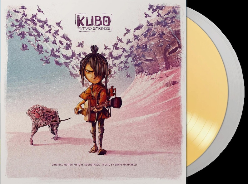 May include: Kubo and the Two Strings original motion picture soundtrack vinyl record. The album art features a stylized illustration of Kubo, a monkey, and a flock of birds. The vinyl record is gold in color.
