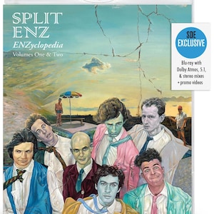 May include: A Blu-ray disc case featuring the album "ENZyclopedia Volumes One & Two" by Split Enz. The cover art depicts a surreal painting of the band members. The case includes text that reads "High Fidelity" and "Pure Audio."