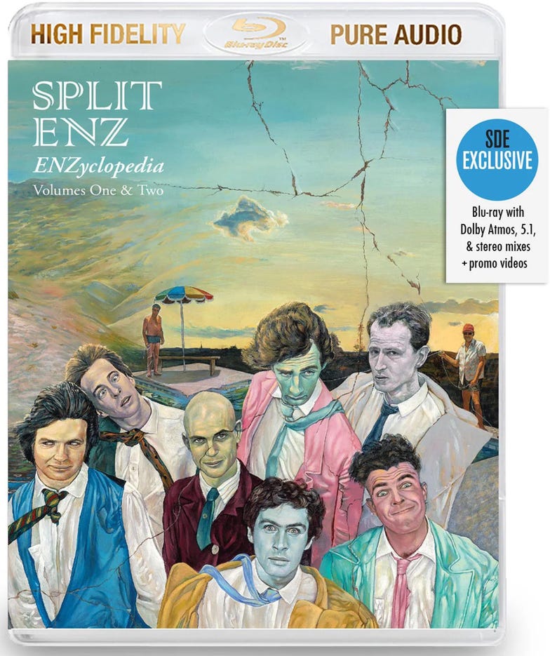 May include: A Blu-ray disc case featuring the album "ENZyclopedia Volumes One & Two" by Split Enz. The cover art depicts a surreal painting of the band members. The case includes text that reads "High Fidelity" and "Pure Audio."
