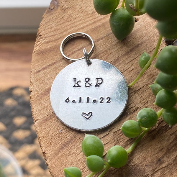 Custom Initial and Date Hand Stamped Keychain / Couple Gift / Anniversary Gift / Girlfriend Gift / Wife Gift / Wedding Gift