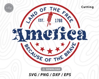 May include: Red, white, and blue circular design with the text "Land of the Free, Est. 1766, Because of the Brave" and the word "America" in large, blue letters with white stars. The design is reminiscent of a vintage American patriotic logo.
