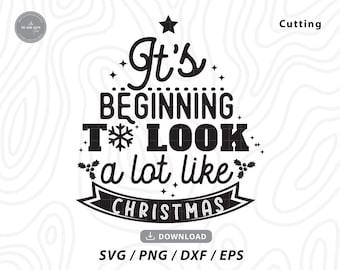 May include: Black and white graphic design with a star and snowflakes. The text reads "It's beginning to look a lot like Christmas".