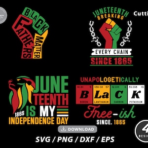 以下が含まれることがあります： 黒い背景に4つのジューンティーンをテーマにしたデザイン。デザインには、「Black Fathers Matter」の拳、「Every Chain Since 1865」の鎖を壊す拳、「June Teenth Is My Independence Day」のライオン、「Unapologetically Black」が含まれています。