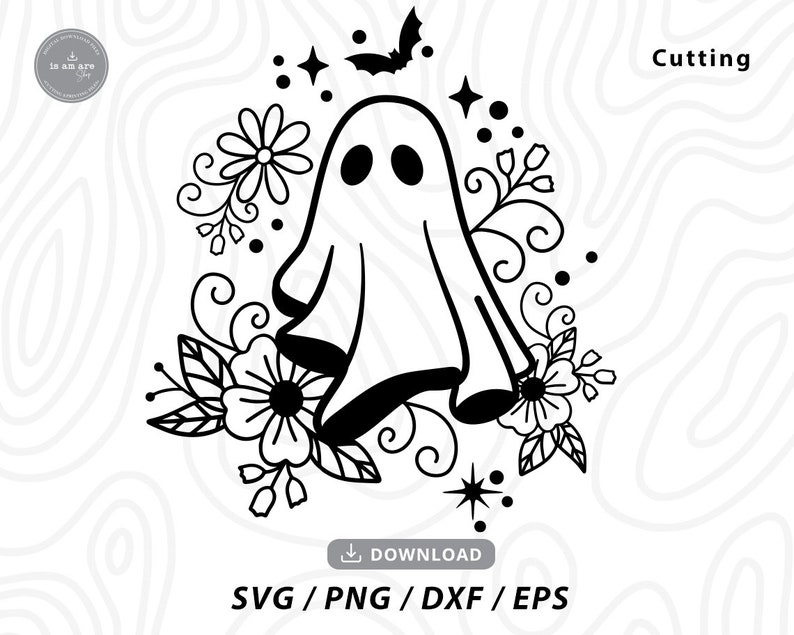 May include: Black and white line art illustration of a ghost with floral accents. The ghost is wearing a flowing gown and has two small eyes. The floral accents are stylized and include leaves, flowers, and swirls. The text "Cutting" appears in the upper right corner of the image.