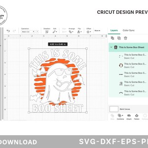May include: A digital design preview featuring a Halloween-themed graphic. The design includes a ghost wearing sunglasses with the text "THIS IS SOME BOO SHEET". The design is 4.93 inches wide and 5.46 inches tall. The image also includes the text "SVG-DXF-EPS-PNG".