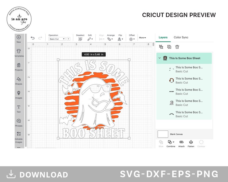 May include: A digital design preview featuring a Halloween-themed graphic. The design includes a ghost wearing sunglasses with the text "THIS IS SOME BOO SHEET". The design is 4.93 inches wide and 5.46 inches tall. The image also includes the text "SVG-DXF-EPS-PNG".