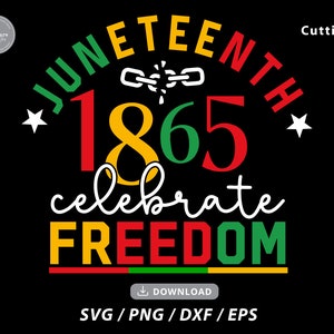 May include: A graphic design featuring the words "Juneteenth 1865 celebrate freedom" in a circle with a broken chain and stars. The words are in red, yellow, and green, which are the colors of the Pan-African flag.