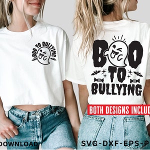 May include: Two white t-shirts with a black ghost graphic and the text "Boo to Bullying". One shirt has the text on the front and the other has the text on the back.