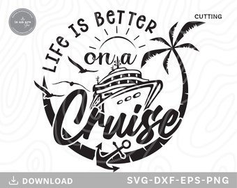 May include: Black and white graphic design of a cruise ship with palm trees and the text "Life is better on a cruise".
