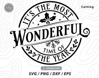 May include: Black and white graphic design with the text "It's the most wonderful time of the year". The design features a holly sprig, snowflakes, and a banner.