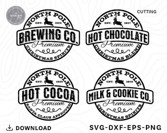 May include: Black and white digital designs featuring circular logos for Christmas-themed beverages. Logos include "Brewing Co.", "Hot Chocolate", "Hot Cocoa", and "Milk & Cookie Co." with "North Pole" and reindeer illustrations. Includes "Christmas Spirits" and "Santa Claus Approved" text.